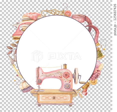 Round frame with watercolor sewing machine and copy space. Hand drawn vintage floral template with clothes hanger and pincushion. Perfect for tailor logo and romantic card and invitation design. Round frame with watercolor sewing machine and copy space. Hand drawn vintage floral template with clothes hanger and pincushion. Perfect for tailor logo and romantic card and invitation design. 125687426