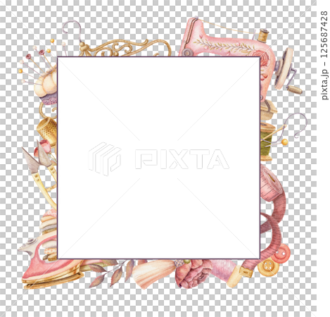 Square frame with watercolor sewing machine and copy space. Hand drawn vintage floral template with clothes hanger and pincushion. Perfect for tailor logo and romantic card and invitation design. 125687428