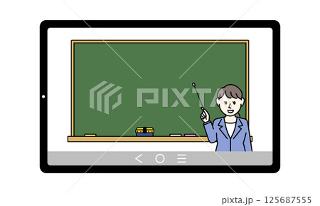 オンライン授業をする女性のイラスト 125687555