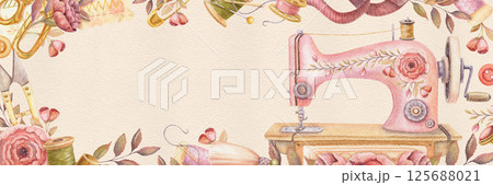 Sewing tools watercolor banner with copy space. Hand drawn vintage floral template with rose flowers and sewing machine. Perfect for tailor shop or atelier advertising background and web design. 125688021