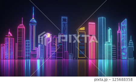 ネオンに光るビル群 125688358