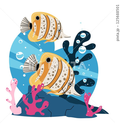 Tropical Butterflyfish Isolated on White Background with Coral Reef Elements. Marine Life Illustration for Conservation Projects, Educational Materials and Aquarium Decor. Vector Art. Tropical Butterflyfish Isolated on White Background with Coral Reef Elements. Marine Life Illustration for Conservation Projects, Educational Materials and Aquarium Decor. Vector Art. 125688501