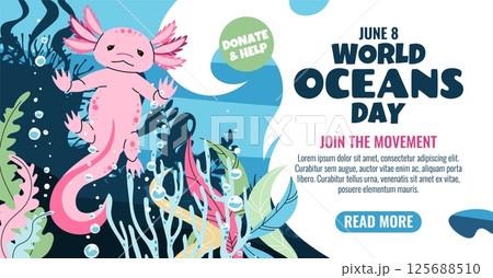 World Oceans Day Horizontal Banner Featuring an Axolotl and Seaweed in Flat Design Style. Promote Freshwater Conservation and Aquatic Biodiversity Awareness. Vector Illustration. World Oceans Day Horizontal Banner Featuring an Axolotl and Seaweed in Flat Design Style. Promote Freshwater Conservation and Aquatic Biodiversity Awareness. Vector Illustration. 125688510