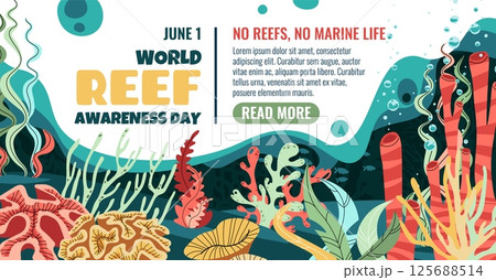World Reef Day horizontal banner. Vibrant coral reef seaweed and bubbles. Perfect for marine conservation campaigns social media posts website headers posters and educational materials 125688514