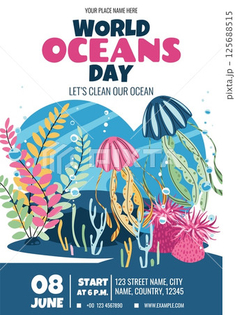 World Oceans Day Flyer. Jellyfish and Seaweed Marine Design. Protect Ocean Ecosystems. Vibrant Vector Art for Posters, Social Media and Eco Campaigns World Oceans Day Flyer. Jellyfish and Seaweed Marine Design. Protect Ocean Ecosystems. Vibrant Vector Art for Posters, Social Media and Eco Campaigns 125688515