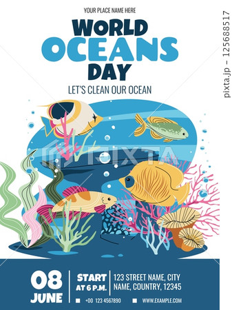 World Oceans Day Banner. Playful tropical fish and Coral Reef Design. Poster for Marine Conservation Events, Beach Cleanups and Ocean Protection Campaigns. Vector Template. World Oceans Day Banner. Playful tropical fish and Coral Reef Design. Poster for Marine Conservation Events, Beach Cleanups and Ocean Protection Campaigns. Vector Template. 125688517