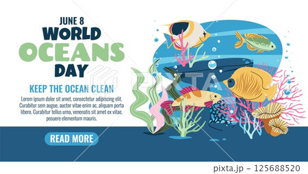 World Oceans Day Banner. Tropical Fish in Coral Reef for Ocean Protection. Ideal for Social Media Posts and Website to Promote Marine Conservation. 125688520