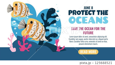 World Oceans Day Horizontal Banner Featuring Butterflyfish, Coral Reef for Marine Biodiversity Awareness. Perfect for Ocean Conservation Campaigns and Educational Projects. Vector Illustration. World Oceans Day Horizontal Banner Featuring Butterflyfish, Coral Reef for Marine Biodiversity Awareness. Perfect for Ocean Conservation Campaigns and Educational Projects. Vector Illustration. 125688521