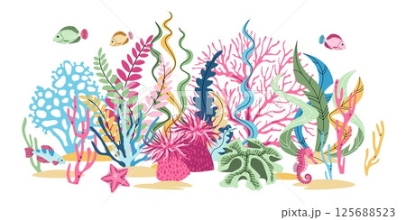 Flat Design Tropical Fish and Coral Reef on White Background. Vibrant Marine Vector Illustration for Stickers, Wall Decor, Eco Products and Social Media Graphics. Flat Design Tropical Fish and Coral Reef on White Background. Vibrant Marine Vector Illustration for Stickers, Wall Decor, Eco Products and Social Media Graphics. 125688523