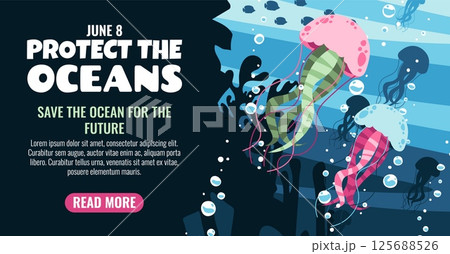 World Oceans Day Horizontal Banner. Jellyfish and Coral Reefs with Seaweed. Protect and Preserve Our Oceans. Marine Conservation Design for Websites, Social Media and Print. World Oceans Day Horizontal Banner. Jellyfish and Coral Reefs with Seaweed. Protect and Preserve Our Oceans. Marine Conservation Design for Websites, Social Media and Print. 125688526
