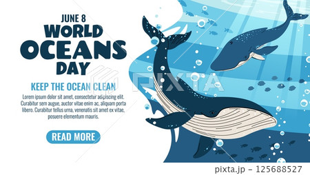 World Oceans Day Horizontal Banner Featuring a Gentle Whale Swimming Among Coral Reefs. Join the Movement to Protect Our Oceans. Marine Conservation Design Ideal for Websites, Social Media and Print 125688527
