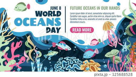 World Oceans Day Horizontal Banner. Colorful Coral and Fish and Jellyfish Flat Illustration. Marine Life Illustration for Ocean Conservation and Eco Awareness. Vibrant Vector Art. 125688528