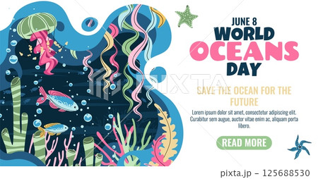 World Oceans Day Horizontal Banner. Flat Design Coral Reef with Tropical Fish and Jellyfish. Marine Life Illustration for Ocean Conservation and Eco Awareness. Vibrant Vector Art. World Oceans Day Horizontal Banner. Flat Design Coral Reef with Tropical Fish and Jellyfish. Marine Life Illustration for Ocean Conservation and Eco Awareness. Vibrant Vector Art. 125688530
