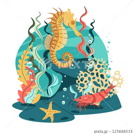 Seahorse and Shrimp on Coral Reef Isolated Background. Marine Life Vector Illustration for Ocean Conservation, Educational Materials, and Aquarium Decor. Detailed Flat Design. 125688533