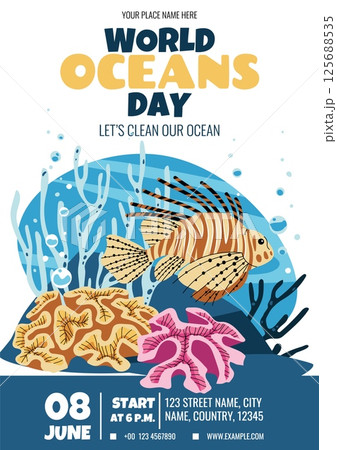 World Oceans Day Flyer. Striking Lionfish and Seaweed Design for Marine Awareness Events. Perfect for Beach Cleanups, Eco Parties and Ocean Conservation Campaigns. Editable Vector Template World Oceans Day Flyer. Striking Lionfish and Seaweed Design for Marine Awareness Events. Perfect for Beach Cleanups, Eco Parties and Ocean Conservation Campaigns. Editable Vector Template 125688535