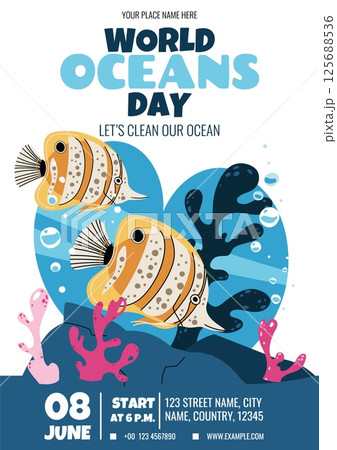 World Oceans Day Flyer. Butterflyfish and Coral Reef Design for Eco-Actions. Marine Conservation Events, Beach Cleanups and Ocean Protection Campaigns. Vector Template. World Oceans Day Flyer. Butterflyfish and Coral Reef Design for Eco-Actions. Marine Conservation Events, Beach Cleanups and Ocean Protection Campaigns. Vector Template. 125688536