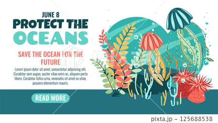 World Oceans Day Horizontal Banner Featuring Jellyfish and Seaweed in Flat Design Style for Marine Biodiversity Awareness. Perfect for Ocean Conservation Campaigns, Websites, Apps and Print Materials. 125688538