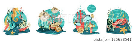 Marine Life Flat Design Set Featuring Pufferfish, tropical fish, Seahorse and Crab on Coral Reef with Seaweed Isolated on White Background. Vector Illustration Collection for Ocean Conservation Marine Life Flat Design Set Featuring Pufferfish, tropical fish, Seahorse and Crab on Coral Reef with Seaweed Isolated on White Background. Vector Illustration Collection for Ocean Conservation 125688541