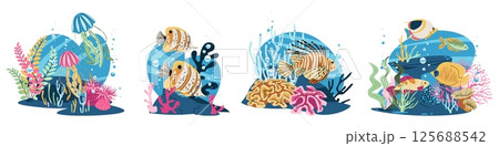Tropical fish set in flat design. Includes lionfish, butterflyfish and jellyfish with coral reef. Isolated on white background. Ideal for marine biology materials and ocean conservation projects. 125688542