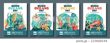 World Oceans Day Flyer Set Featuring Crab, jellyfish, Seahorse and Pufferfish on Coral Reef. Flat Design Vector Templates for Marine Conservation Events, Beach Cleanups and Ocean-Themed Parties. 125688544