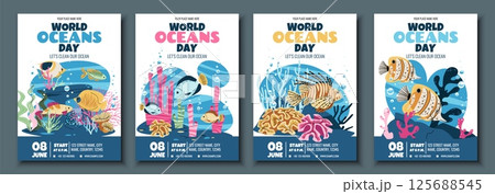 World Oceans Day Flyer Set Featuring tropical fish on Coral Reef. Perfect for eco festival invitations, school marine workshops and aquarium fundraising events. Customizable vector templates 125688545