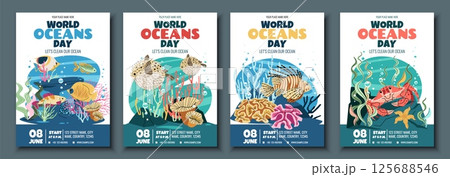 World Oceans Day Flyer Set Featuring Crab, tropical fish, lionfish and Pufferfish on Coral Reef. Flat Design Vector Templates for Marine Conservation Events, Beach Cleanups and Ocean-Themed Parties. World Oceans Day Flyer Set Featuring Crab, tropical fish, lionfish and Pufferfish on Coral Reef. Flat Design Vector Templates for Marine Conservation Events, Beach Cleanups and Ocean-Themed Parties. 125688546