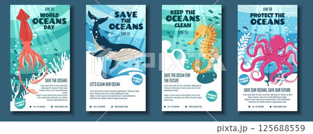 World Oceans Day Social Media Story Templates. Octopus, Squid, Whale and Seahorse in Flat Design. Perfect for Ocean Conservation Posts, Diving Club Promos and Kids Educational Content. World Oceans Day Social Media Story Templates. Octopus, Squid, Whale and Seahorse in Flat Design. Perfect for Ocean Conservation Posts, Diving Club Promos and Kids Educational Content. 125688559