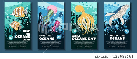 World Oceans Day Social Media Story Templates. Flat Design Butterflyfish, Whale, Octopus and Jellyfish on Ocean Background. Perfect for Eco-Tourism Promotions and Ocean Conservation Awareness. World Oceans Day Social Media Story Templates. Flat Design Butterflyfish, Whale, Octopus and Jellyfish on Ocean Background. Perfect for Eco-Tourism Promotions and Ocean Conservation Awareness. 125688561