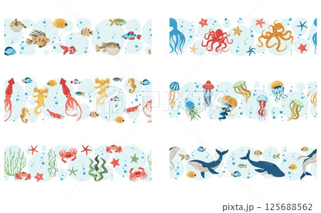 Seamless Marine Life Borders. Flat Design Underwater Creatures. Perfect for Ocean-Themed Decor, Educational Materials and Eco-Friendly Packaging. Repeatable Vector Patterns. Seamless Marine Life Borders. Flat Design Underwater Creatures. Perfect for Ocean-Themed Decor, Educational Materials and Eco-Friendly Packaging. Repeatable Vector Patterns. 125688562