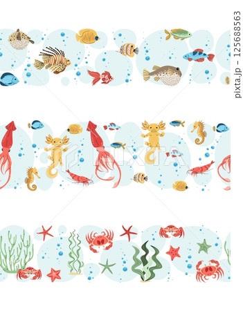 Tropical Seamless Borders Set, Colorful Fish, axolotl, squid and Crab in Flat Design. Perfect for Marine-Themed Websites, Kids Room Decor and Ocean Party Invitations. Repeatable Vector Patterns. 125688563