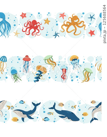 Seamless Ocean Borders Set. Whales, Jellyfish and Octopuses in Flat Design. Perfect for Marine Conservation Websites, Kids Educational Materials and Underwater Party Decor. Repeatable Vector Patterns. 125688564