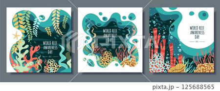 World Reef Day Square Banner Set. Vibrant Coral Reef and Seaweed Flat Design. Join the Reef Rescue Movement. Ideal for Social Media, Eco Postcards and Conservation Merchandise. Vector Illustrations. 125688565