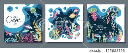 World Oceans Day Square Banner Set. Tropical Fish and Coral Reef Flat Design. Ideal for social media posts, educational printables and eco-friendly merchandise. Customizable flat vector designs. 125688566