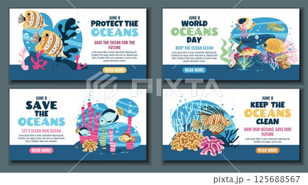 World Oceans Day Horizontal Banner Set. Tropical Fish, Lionfish and Butterflyfish on Coral Reef. Vector Templates for Marine Conservation Campaigns, Educational Events and Eco Awareness Projects. 125688567