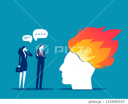 Business person with partner looking uneasily at a brain of fire, Anxiety and restlessness 125688587