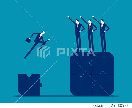 Business person jumping from one puzzle piece to a team puzzle piece, Onboarding a new team 125688588