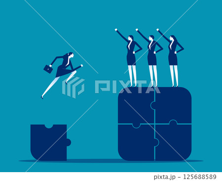 Business person jumping from one puzzle piece to a team puzzle piece, Onboarding a new team 125688589