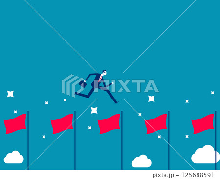 Businessman jumping from flag to flag with briefcase in hand, Career development and advancement 125688591