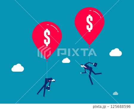 Business person pulled into the air by a balloon of bundled dollars, Hyperinflation Business person pulled into the air by a balloon of bundled dollars, Hyperinflation 125688596