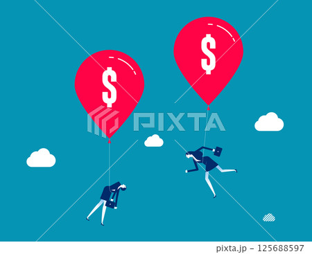 Business person pulled into the air by a balloon of bundled dollars, Hyperinflation Business person pulled into the air by a balloon of bundled dollars, Hyperinflation 125688597