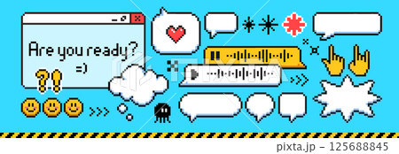 Pixel art speech bubbles and emoticon set 125688845