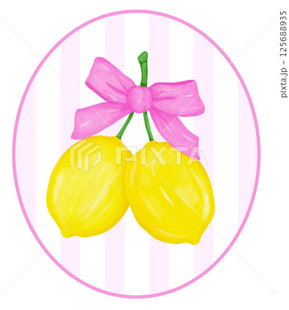 Coquette Lemon with Hot Pink Ribbon Bow Watercolor in Preppy oval frame, Girly Summer Vintage wall art printable 125688935