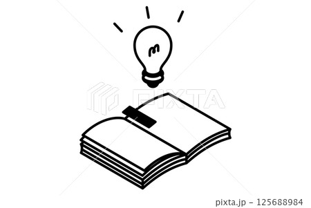 開いた本と光る電球のひらめきのイメージ、シンプルな線画アイコン、アイソメトリックイラスト 125688984