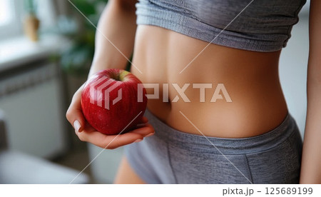 Woman holding a red apple in front of her natural foodsfilled stomach 125689199