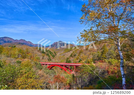 秋の山梨県北杜市の川俣川渓谷にかかる赤い橋(東沢大橋)と八ヶ岳 125689200
