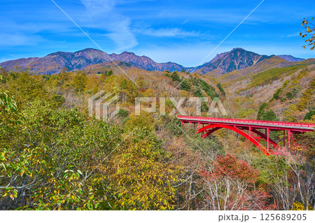 秋の山梨県北杜市の川俣川渓谷にかかる赤い橋(東沢大橋)と八ヶ岳 秋の山梨県北杜市の川俣川渓谷にかかる赤い橋(東沢大橋)と八ヶ岳 125689205