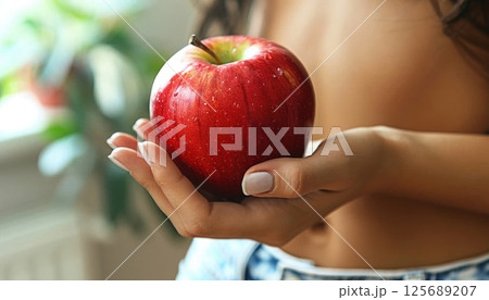 a woman is holding a red apple in her hand 125689207