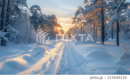 Sunlight filtering through snowy trees on a forest road under a clear sky 125689230