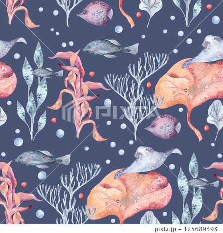 Ocean life, seaweeds, and fishes on watercolor seamless pattern isolated on dark . Hand drawn tropical underwater world in pink and blue hues. Design vibrant aquatic for fabrics, textile, swimwear. Ocean life, seaweeds, and fishes on watercolor seamless pattern isolated on dark . Hand drawn tropical underwater world in pink and blue hues. Design vibrant aquatic for fabrics, textile, swimwear. 125689393