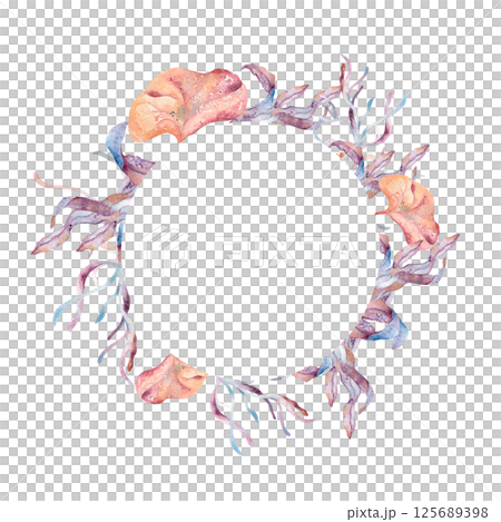Bright undersea circle frame in orange with coral, seaweed and sea plants watercolor isolated . Marine botanical wreath with kelp in pink tones hand drawn for nautical packaging, label and cards. 125689398